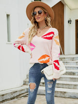 Lovely Lip Print V-Neck Ribbed Knit Sweater - MXSTUDIO.COM