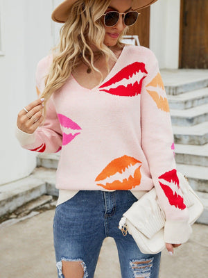 Lovely Lip Print V-Neck Ribbed Knit Sweater - MXSTUDIO.COM