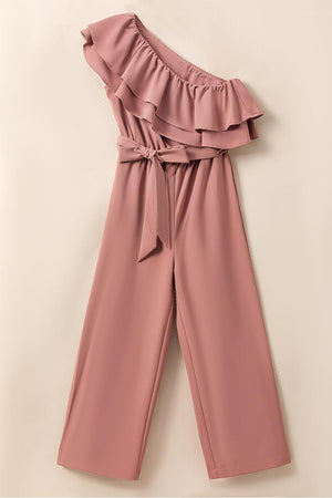a pink jumpsuit with a ruffled off the shoulder