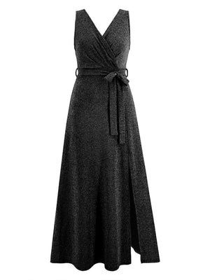 a black dress with a tie on the waist