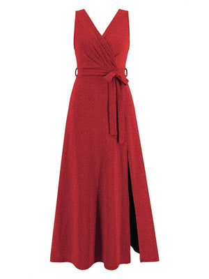 a woman wearing a red dress with a slit