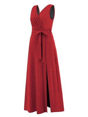 a red dress with a slit down the middle