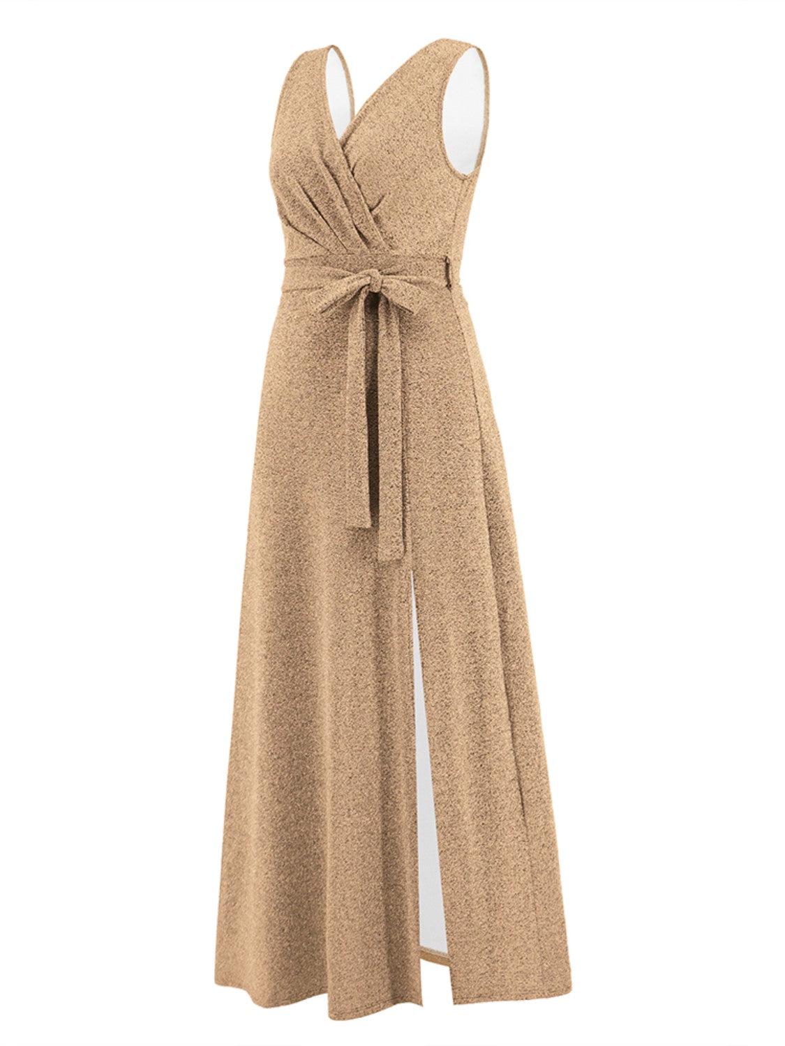 a tan dress with a slit down the middle
