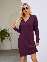 Low Temp Chic V Neck Cable Knit Sweater Dress - MXSTUDIO.COM