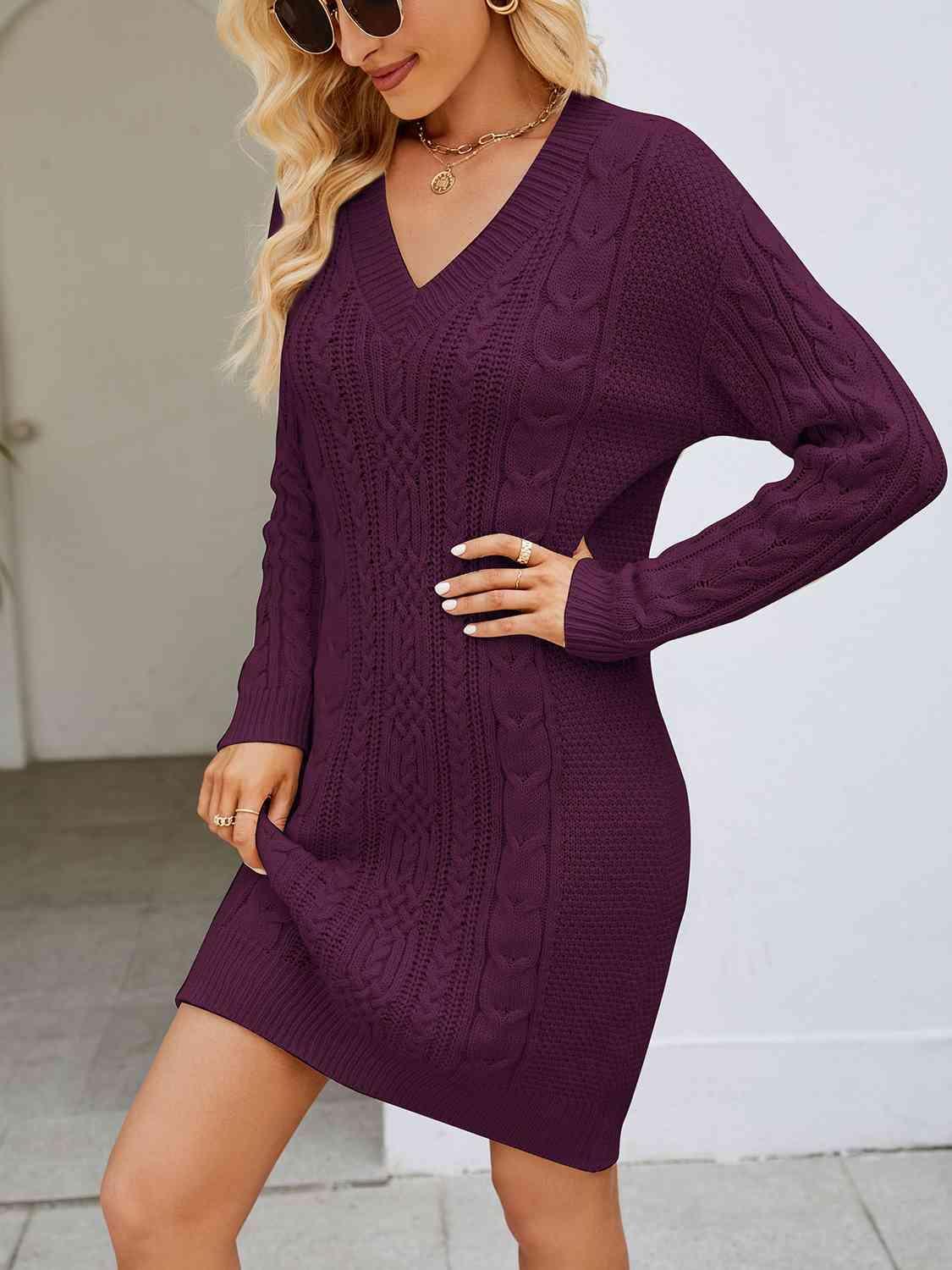 Low Temp Chic V Neck Cable Knit Sweater Dress - MXSTUDIO.COM