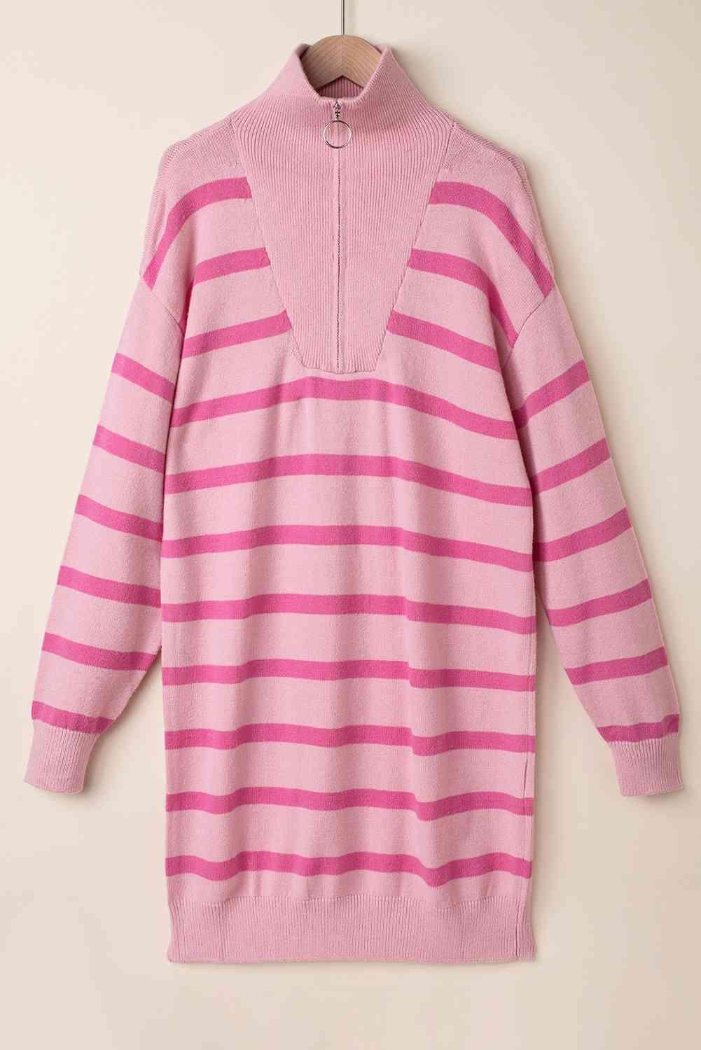 Low Temp Fashion Striped Quarter Zip Sweater Dress - MXSTUDIO.COM