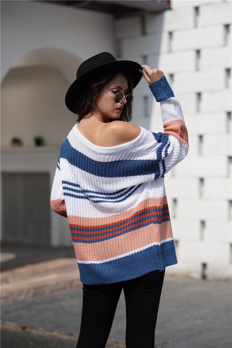 Low Temp Trend Ribbed Striped Boat Neck Sweater - MXSTUDIO.COM