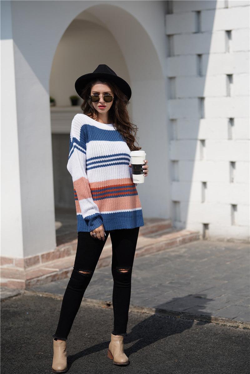 Low Temp Trend Ribbed Striped Boat Neck Sweater - MXSTUDIO.COM