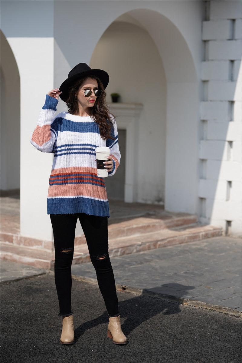 Low Temp Trend Ribbed Striped Boat Neck Sweater - MXSTUDIO.COM