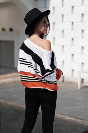 Low Temp Trend Ribbed Striped Boat Neck Sweater - MXSTUDIO.COM