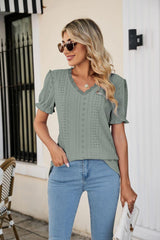 Lowkey Eyelet Short Sleeve V Neck Blouse - MXSTUDIO.COM