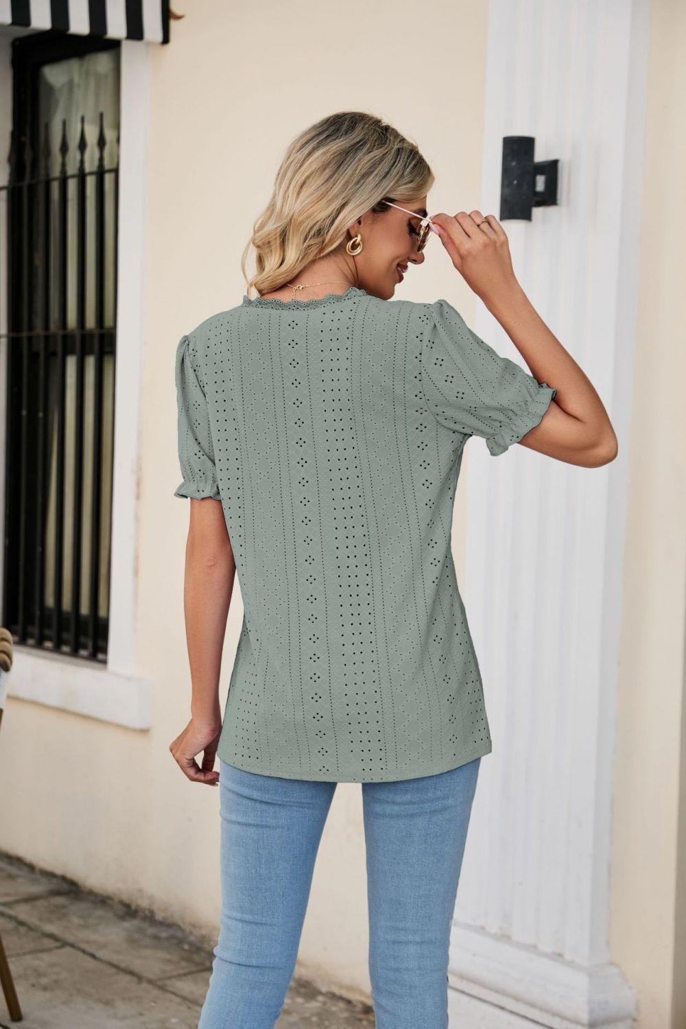 Lowkey Eyelet Short Sleeve V Neck Blouse - MXSTUDIO.COM