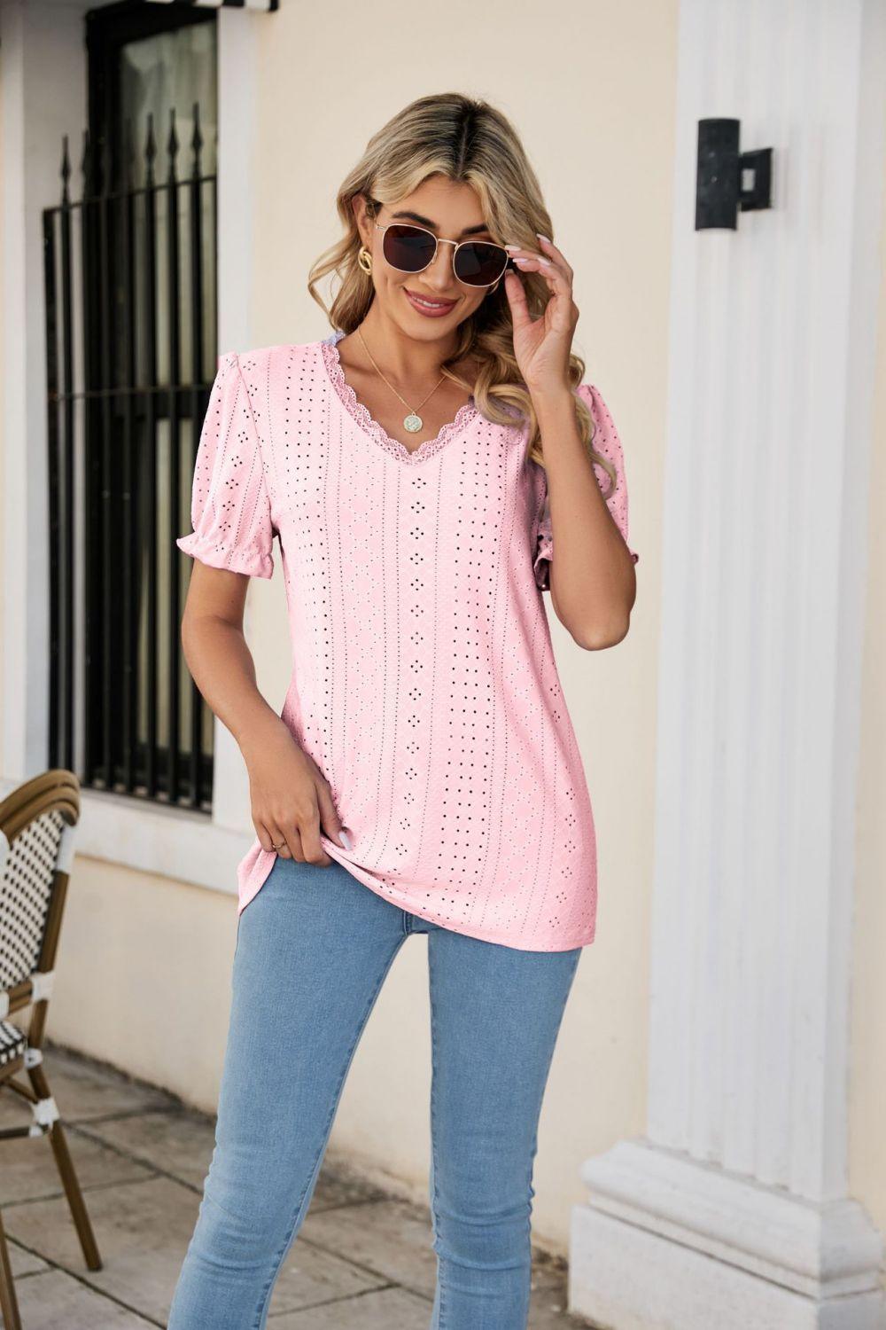 Lowkey Eyelet Short Sleeve V Neck Blouse - MXSTUDIO.COM