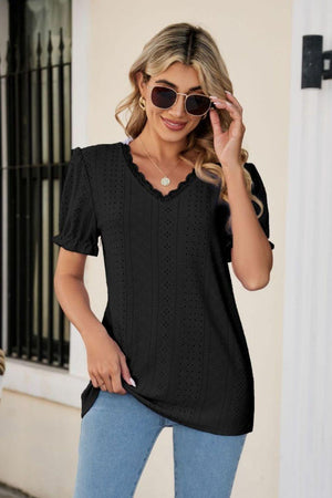 Lowkey Eyelet Short Sleeve V Neck Blouse - MXSTUDIO.COM