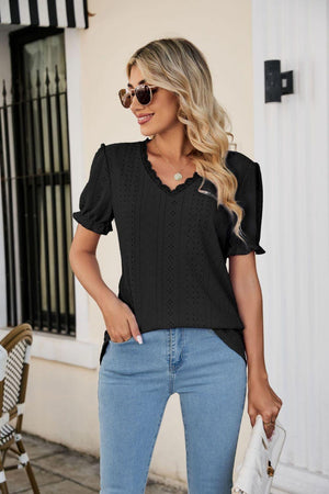 Lowkey Eyelet Short Sleeve V Neck Blouse - MXSTUDIO.COM