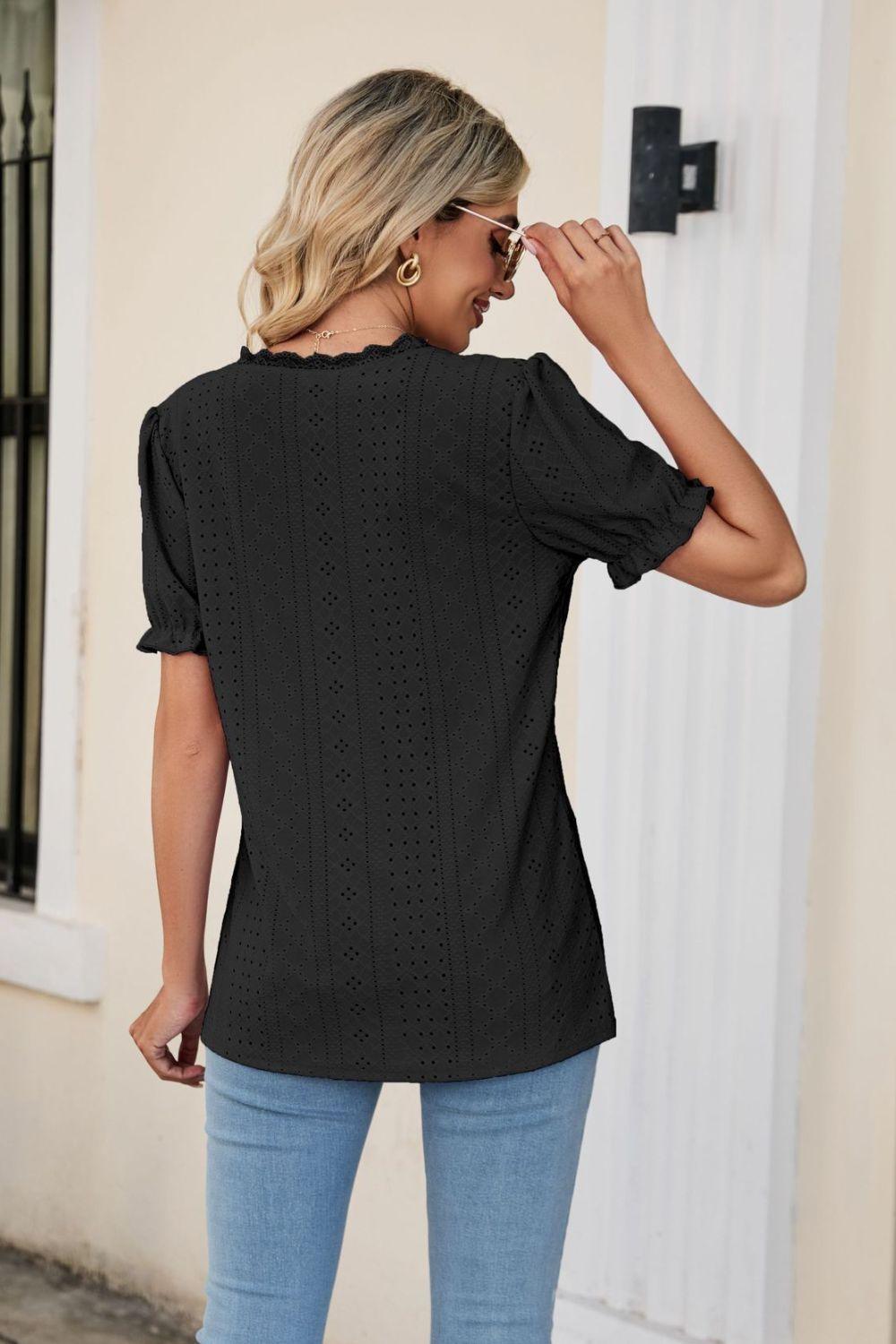 Lowkey Eyelet Short Sleeve V Neck Blouse - MXSTUDIO.COM