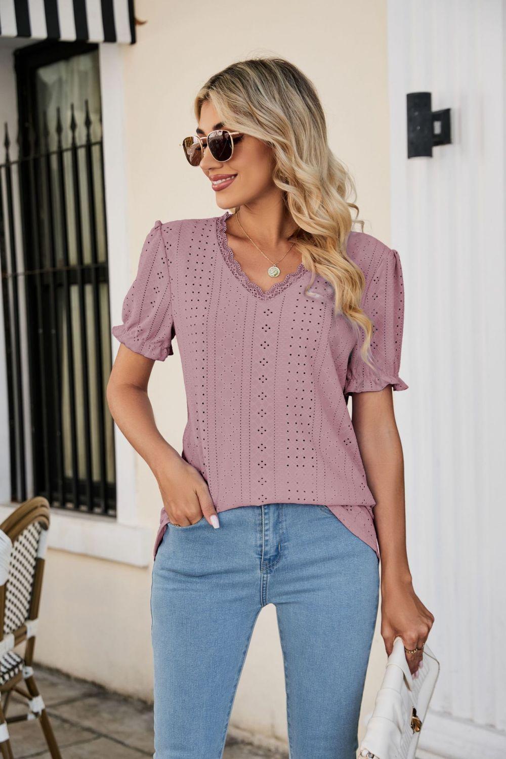 Lowkey Eyelet Short Sleeve V Neck Blouse - MXSTUDIO.COM