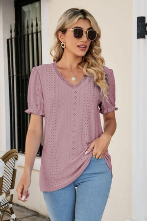 Lowkey Eyelet Short Sleeve V Neck Blouse - MXSTUDIO.COM