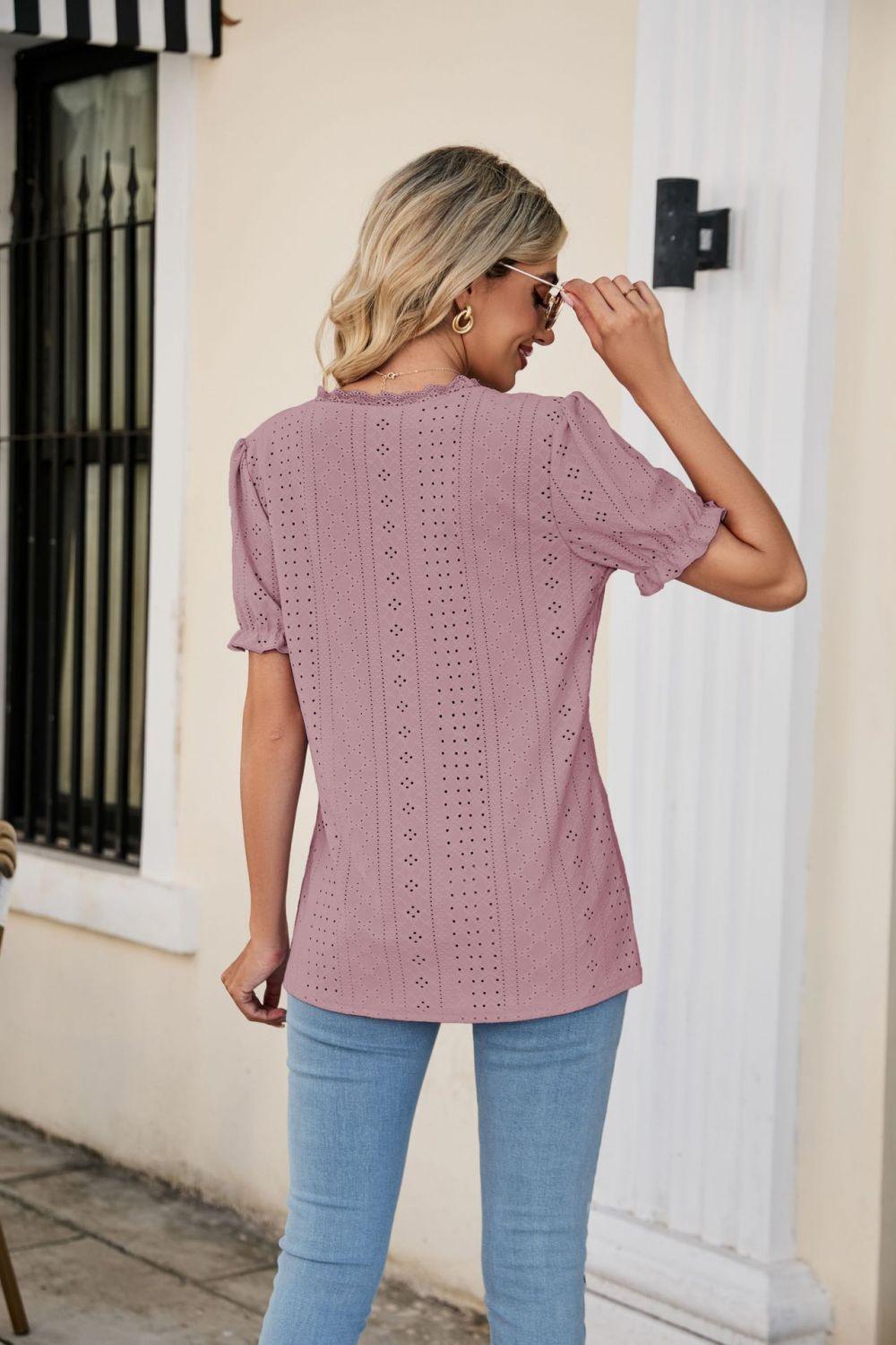 Lowkey Eyelet Short Sleeve V Neck Blouse - MXSTUDIO.COM