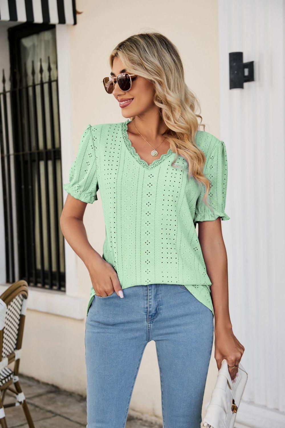 Lowkey Eyelet Short Sleeve V Neck Blouse - MXSTUDIO.COM