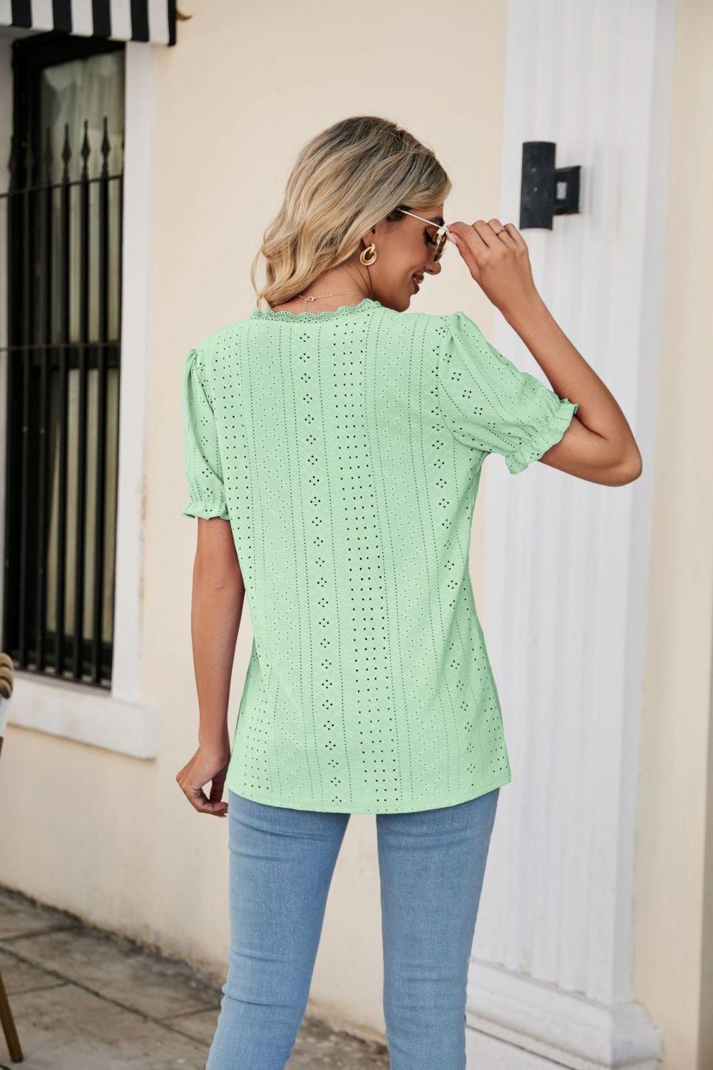 Lowkey Eyelet Short Sleeve V Neck Blouse - MXSTUDIO.COM