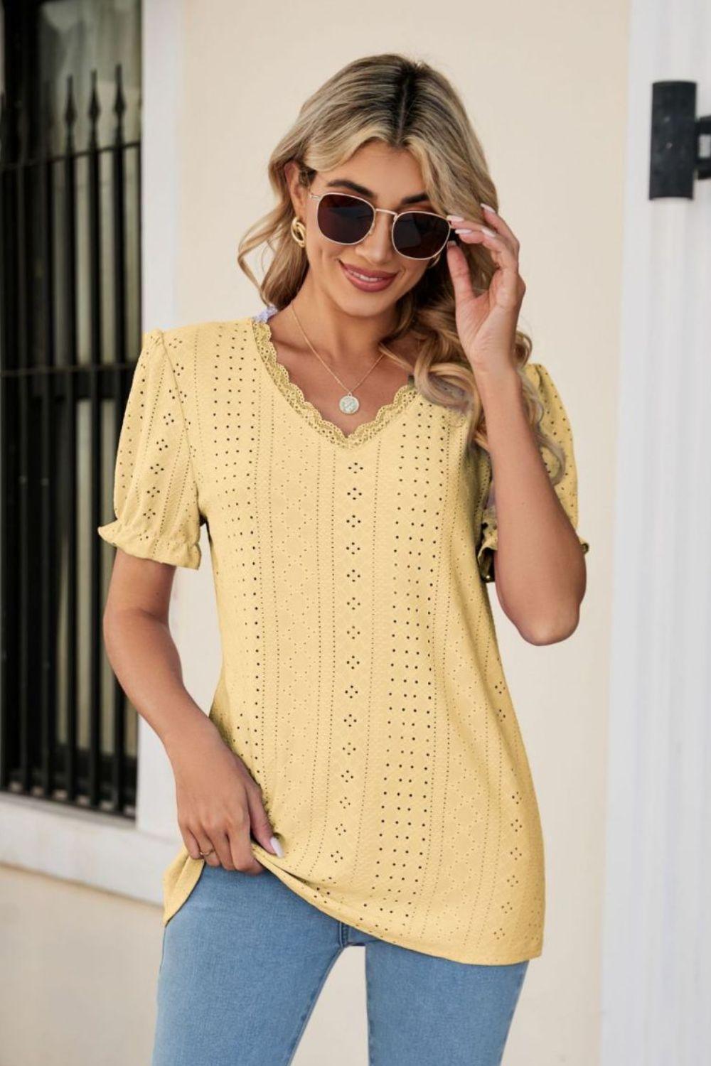 Lowkey Eyelet Short Sleeve V Neck Blouse - MXSTUDIO.COM