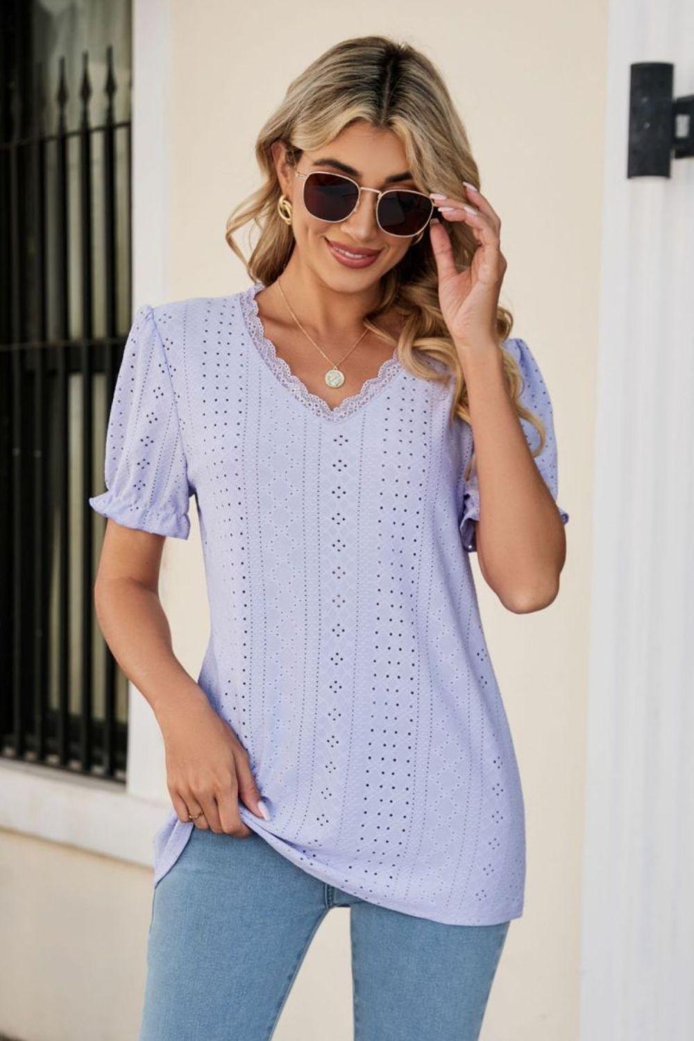 Lowkey Eyelet Short Sleeve V Neck Blouse - MXSTUDIO.COM