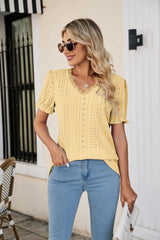 Lowkey Eyelet Short Sleeve V Neck Blouse - MXSTUDIO.COM