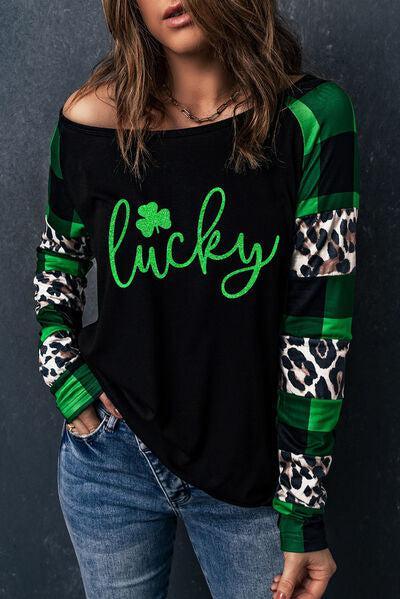 a woman wearing a black and green shirt with the word lucky printed on it