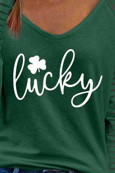 a woman wearing a green shirt that says lucky