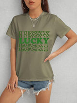 a woman wearing a t - shirt that says lucky