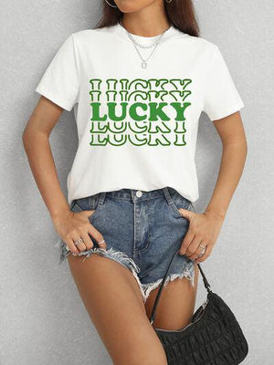 a woman wearing a white lucky lucky t - shirt