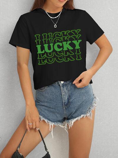 a woman wearing a black lucky lucky lucky t - shirt