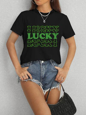 a woman wearing a black lucky lucky lucky t - shirt