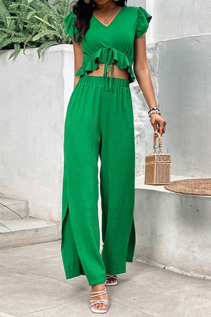 Lush Ruffle Cropped Top Slit Wide Leg Green Pants Set - MXSTUDIO.COM