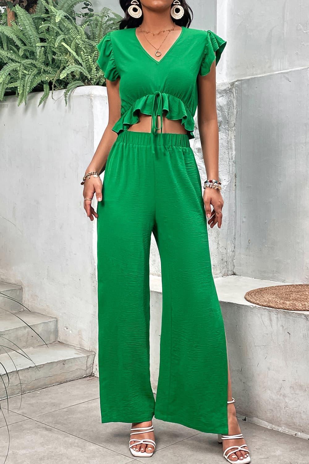 Lush Ruffle Cropped Top Slit Wide Leg Green Pants Set - MXSTUDIO.COM