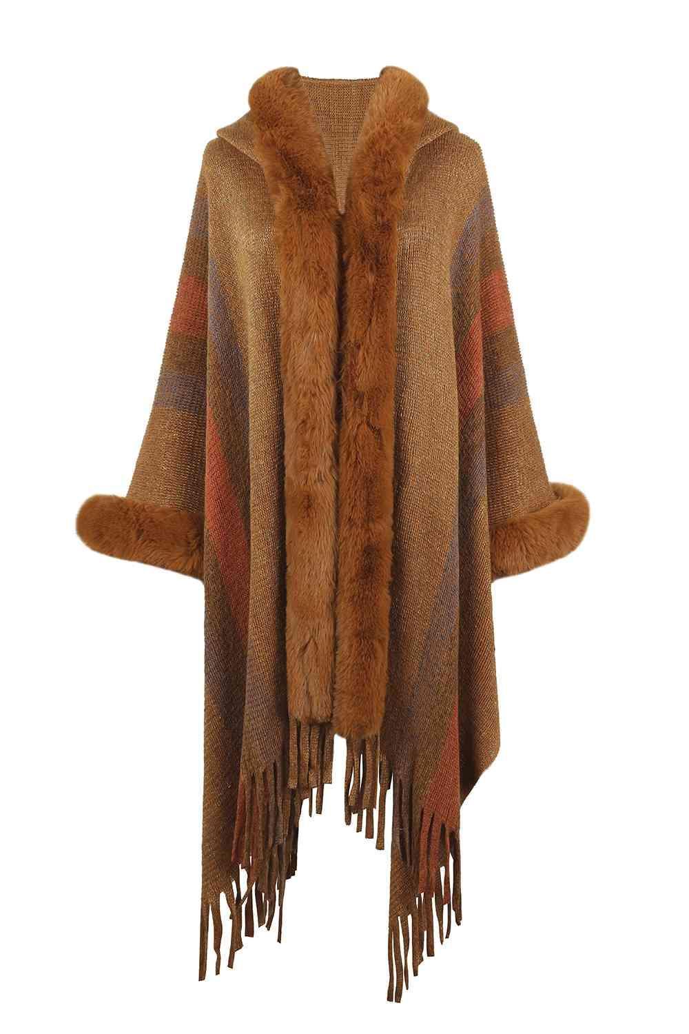 Luxurious Feel Fringe Faux Fur Trim Poncho - MXSTUDIO.COM