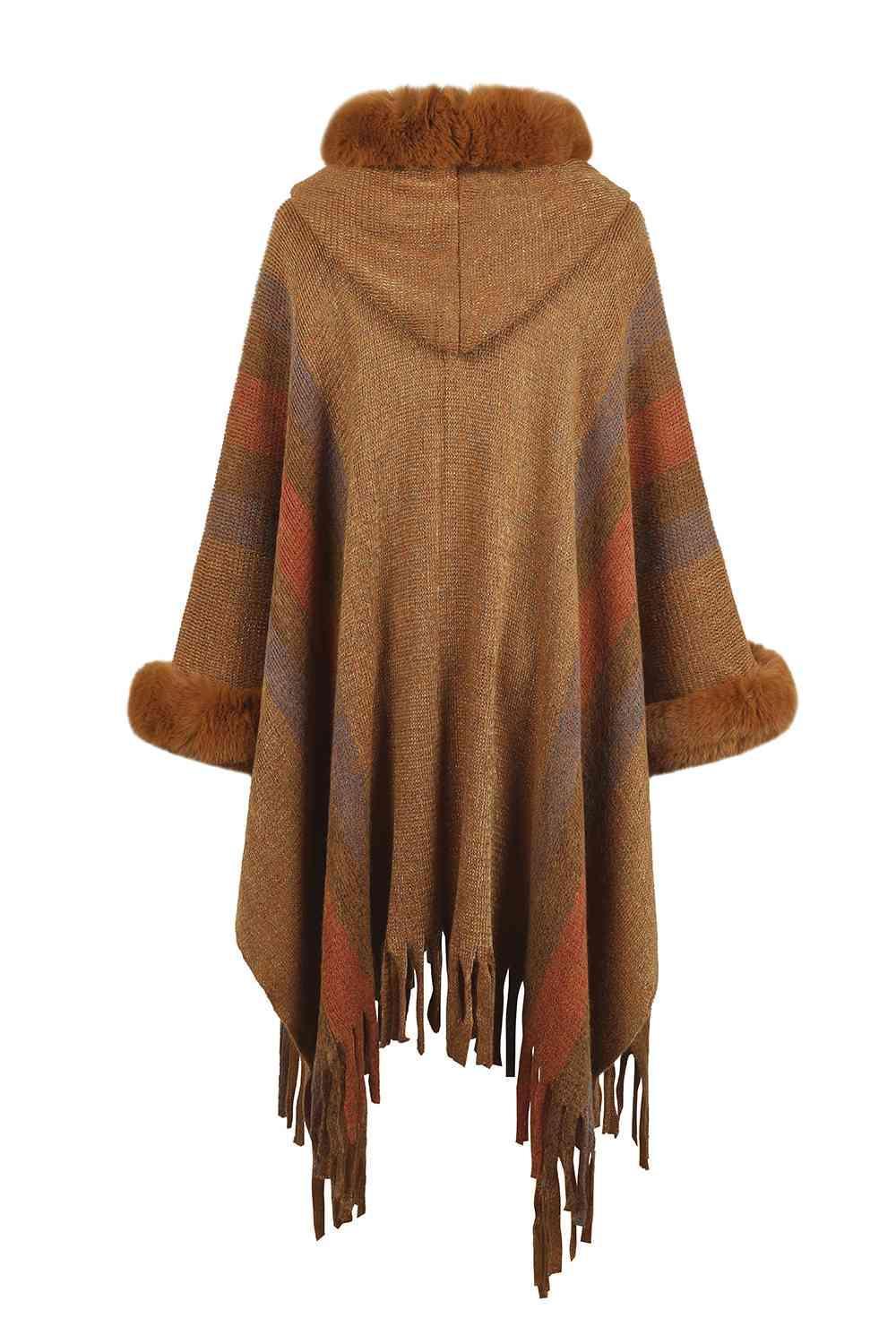 Luxurious Feel Fringe Faux Fur Trim Poncho - MXSTUDIO.COM