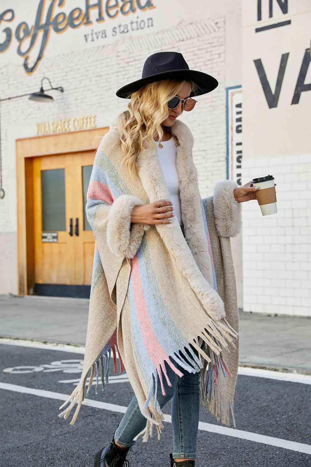 Luxurious Feel Fringe Faux Fur Trim Poncho - MXSTUDIO.COM