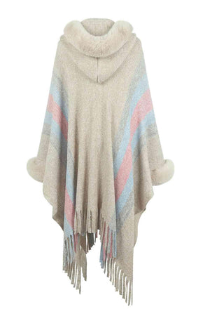 Luxurious Feel Fringe Faux Fur Trim Poncho - MXSTUDIO.COM