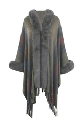 Luxurious Feel Fringe Faux Fur Trim Poncho - MXSTUDIO.COM