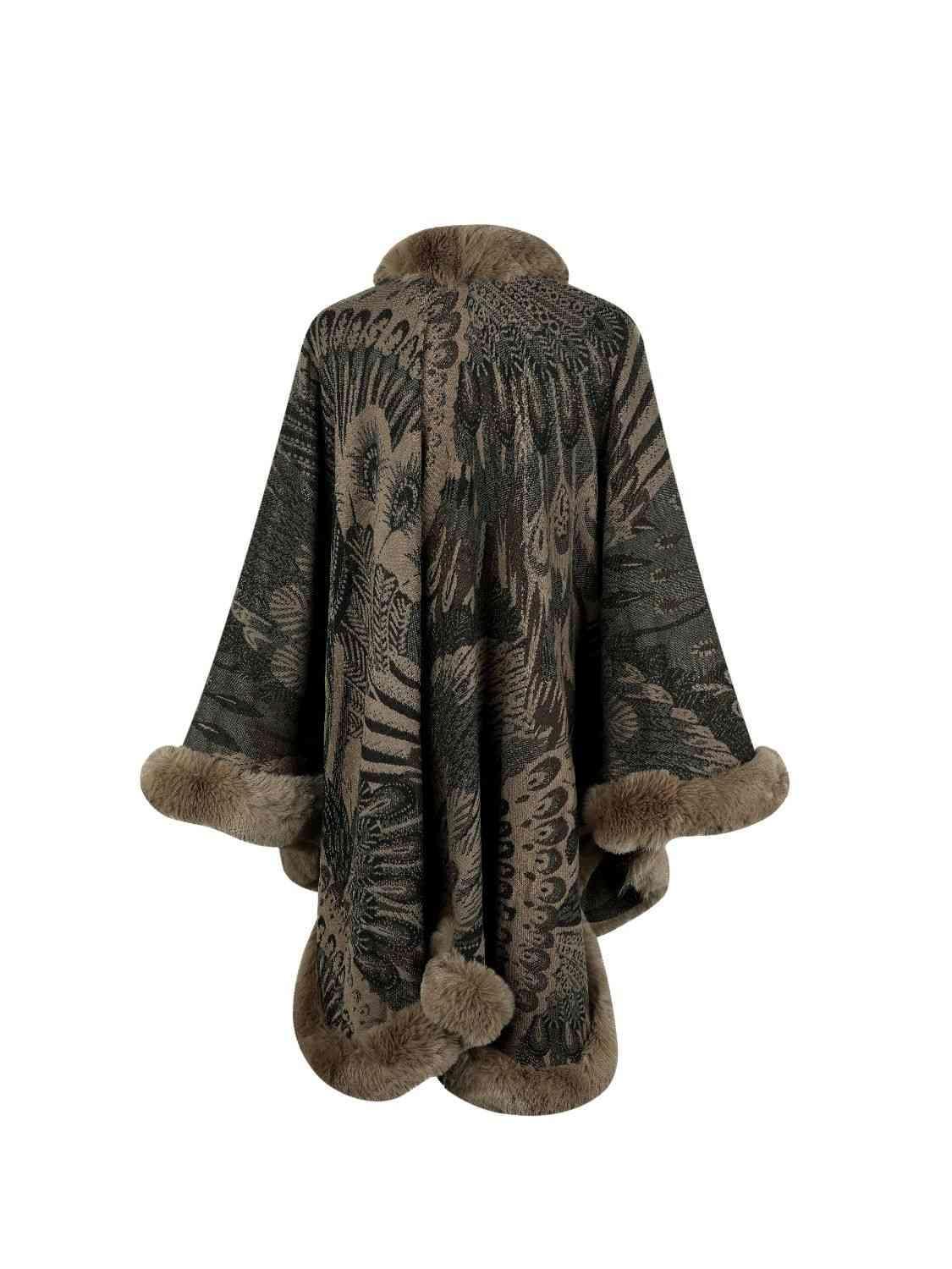 Luxurious Feel Open Front Faux Fur Trim Poncho - MXSTUDIO.COM