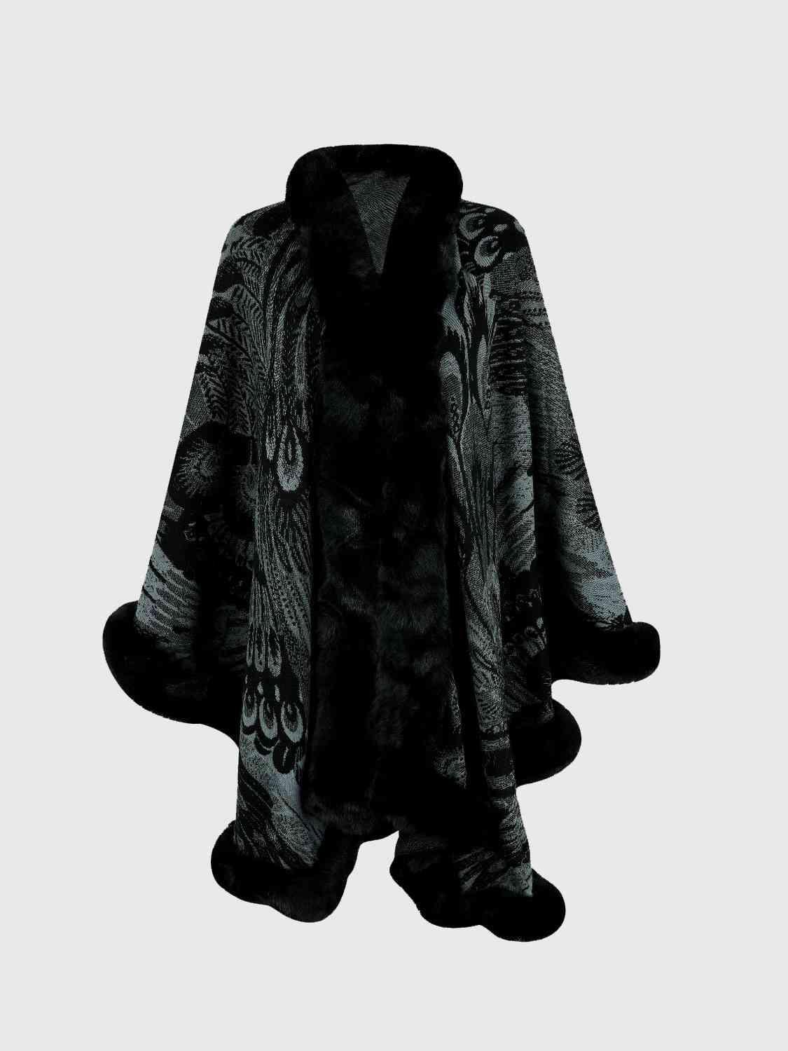 Luxurious Feel Open Front Faux Fur Trim Poncho - MXSTUDIO.COM