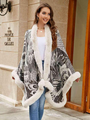 Luxurious Feel Open Front Faux Fur Trim Poncho - MXSTUDIO.COM