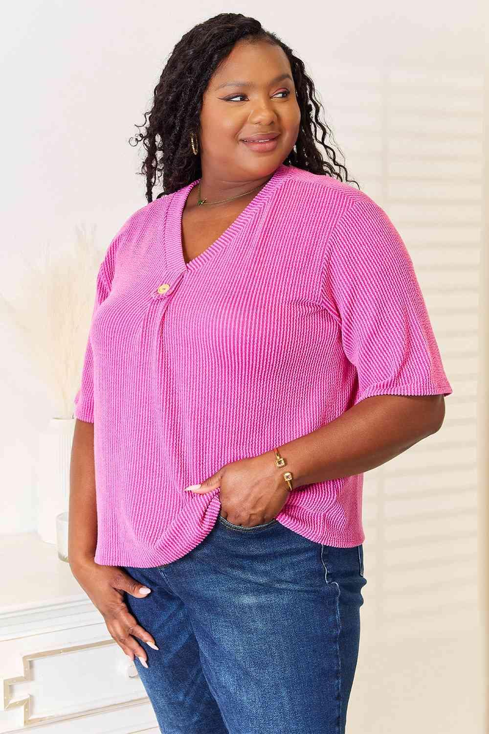 Luxuriously Soft Ribbed Knit Womens Plus Size Pink Top - MXSTUDIO.COM