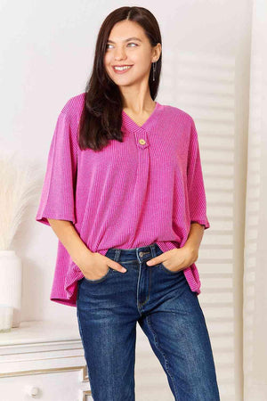 Luxuriously Soft Ribbed Knit Womens Plus Size Pink Top - MXSTUDIO.COM