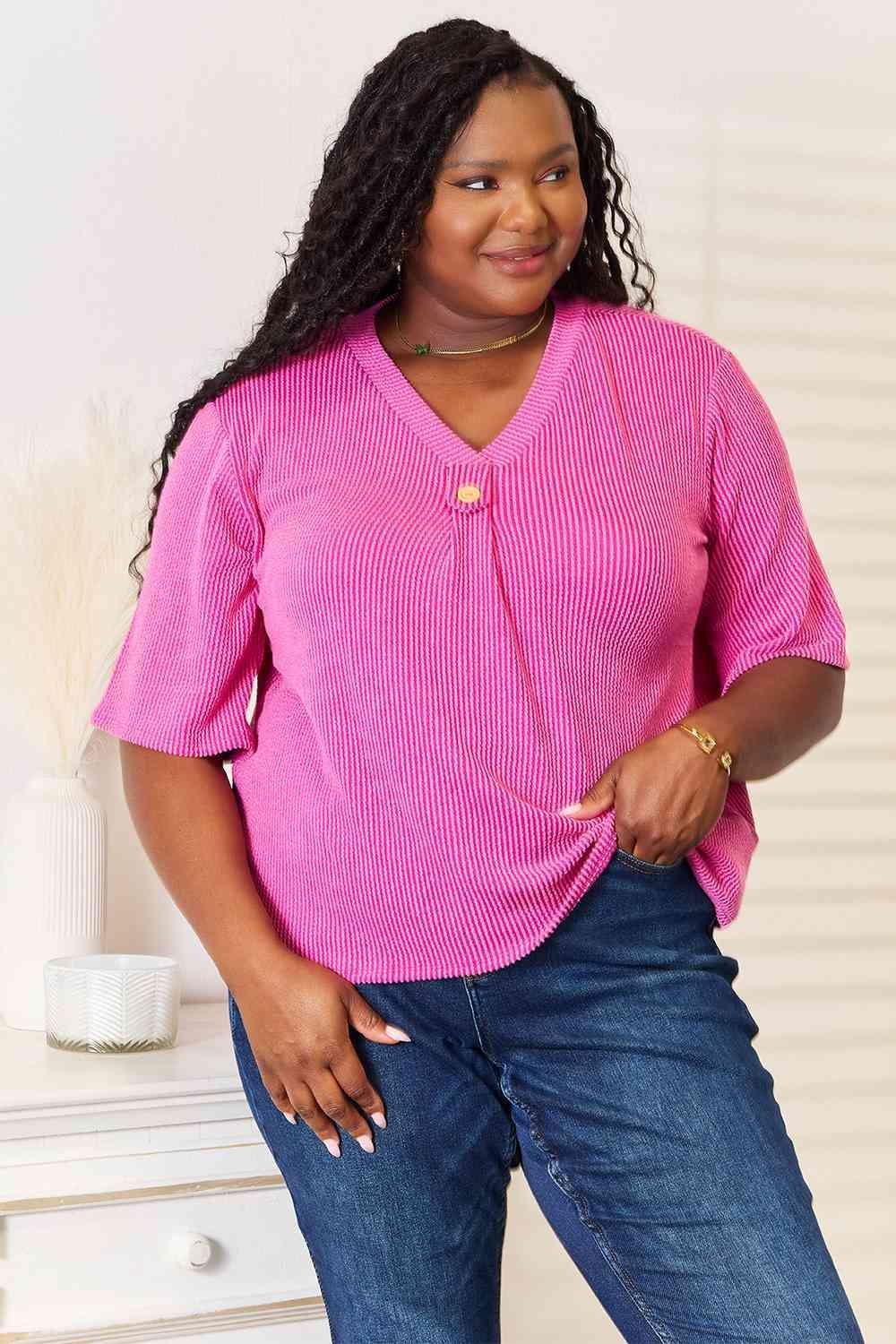 Luxuriously Soft Ribbed Knit Womens Plus Size Pink Top - MXSTUDIO.COM