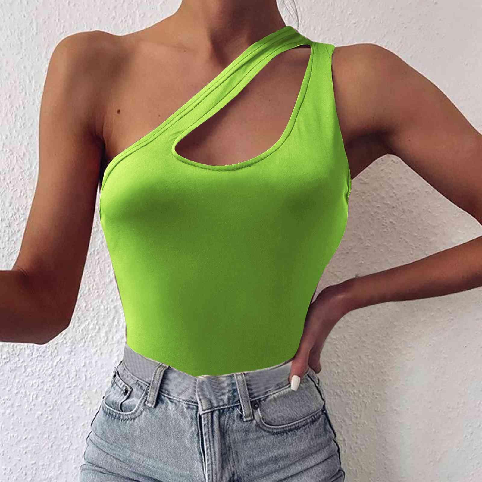 a woman wearing a lime green tank top