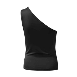 a women's black top with one shoulder cut out