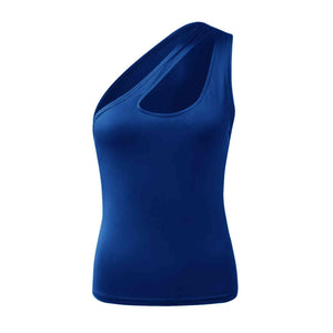 a women's blue tank top with one shoulder